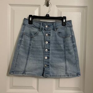 American Eagle High Rise A-Line Button Up Light Wash Mini Skirt